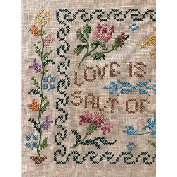 Marcus Brothers "Love Is The Salt of Life" Cross Stitched Print Framed Vintage - Picture 2 of 4
